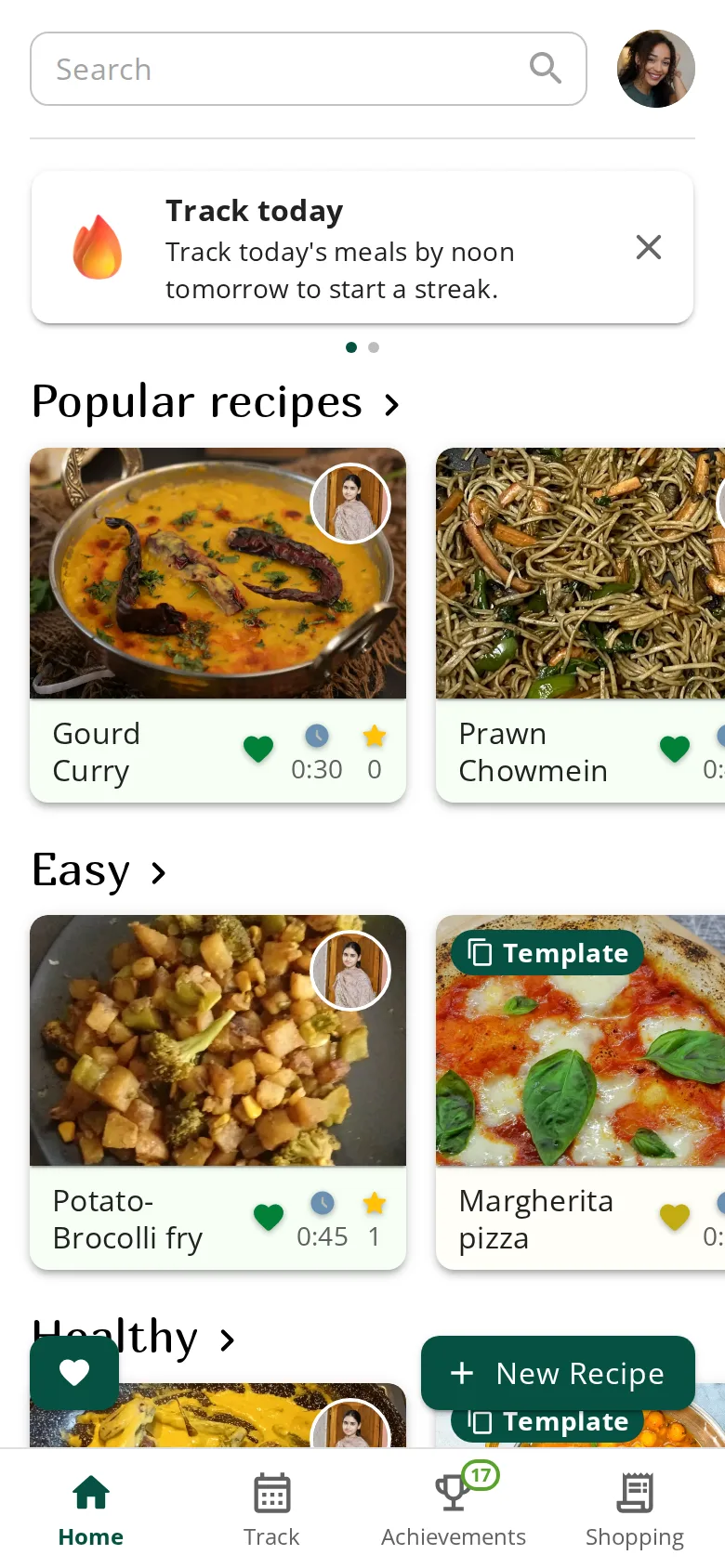 The Ecobite app: Chana masala picked on Home and added to Track as today's dinner, then the week's nutrition and footprint in Trends