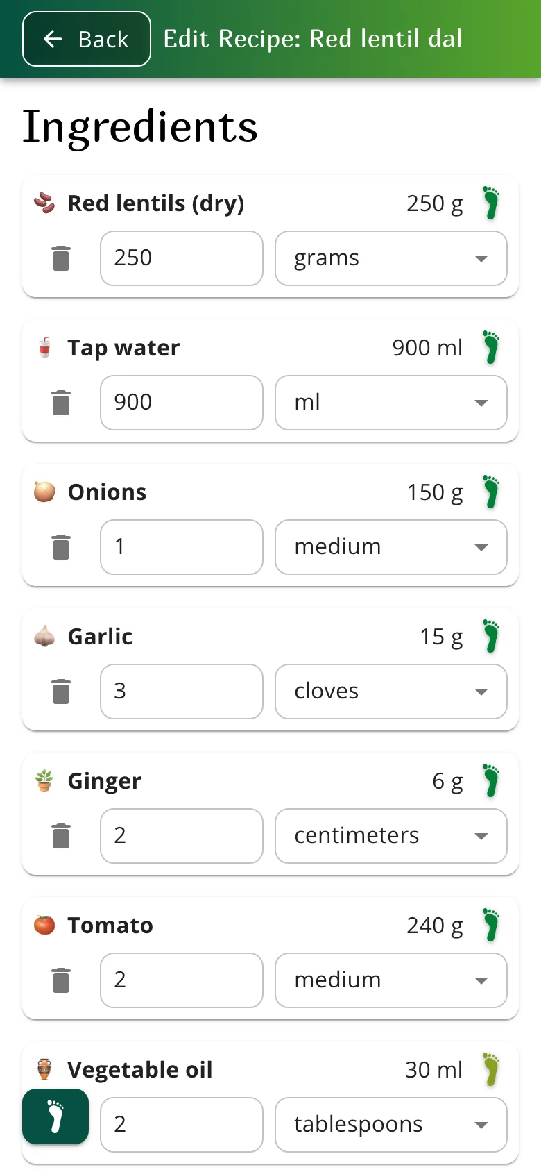 Writing a recipe in Ecobite, started from the Red lentil dal template: each ingredient with its amount and its footprint