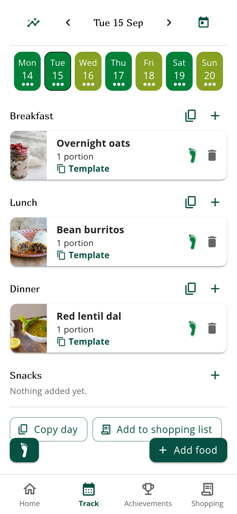 A Tuesday in Ecobite's Track tab, in a week with every day tracked: breakfast, lunch and dinner logged, each with its footprint