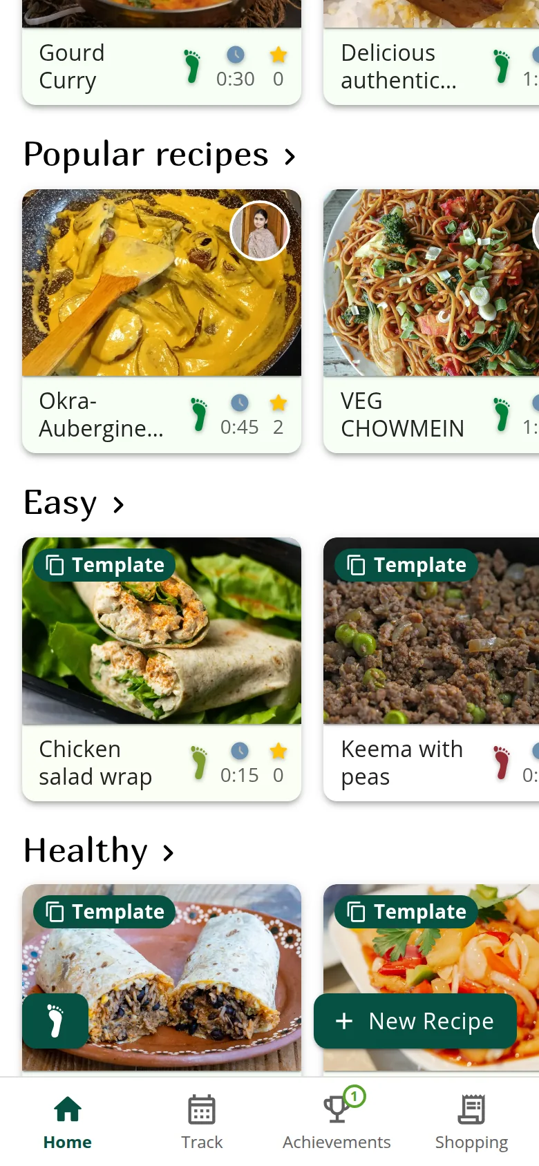 The Ecobite home screen: under Popular recipes, a cook's Okra-Aubergine Curry with her picture on it, then rows of easy and healthy recipes