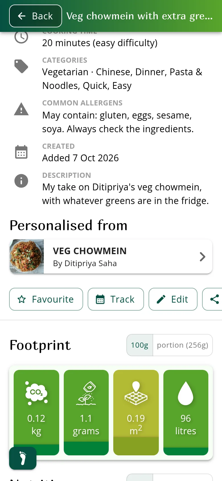 A recipe in Ecobite that someone personalised, Veg chowmein with extra greens: under its details, "Personalised from" shows the original, VEG CHOWMEIN by Ditipriya Saha