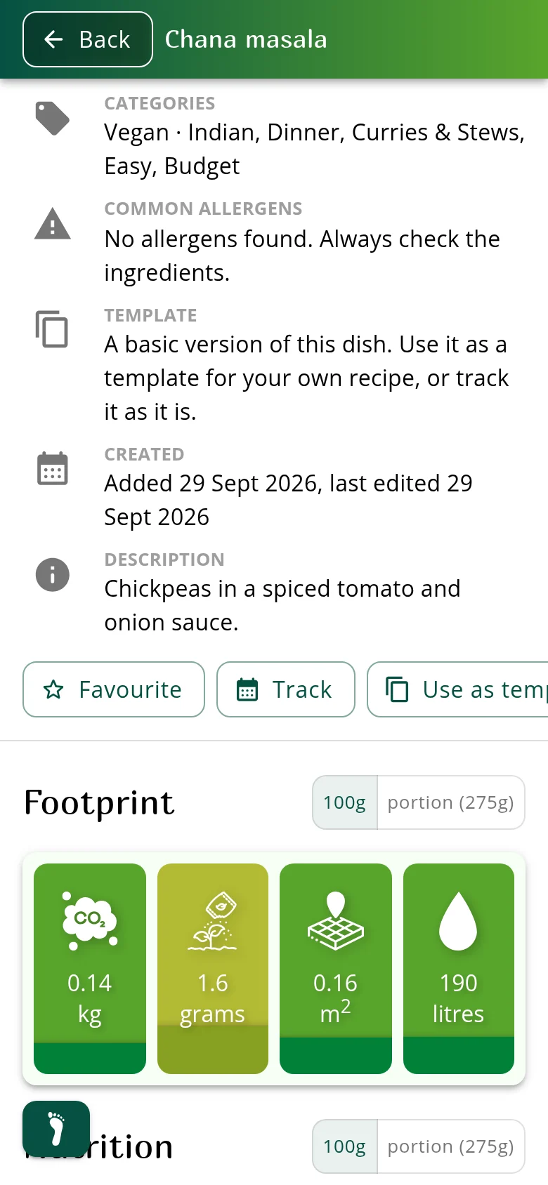 A recipe page in Ecobite, Chana masala: its categories, allergens and description, buttons to favourite, track and use it as a template, and its footprint for climate, nutrient pollution, land and water