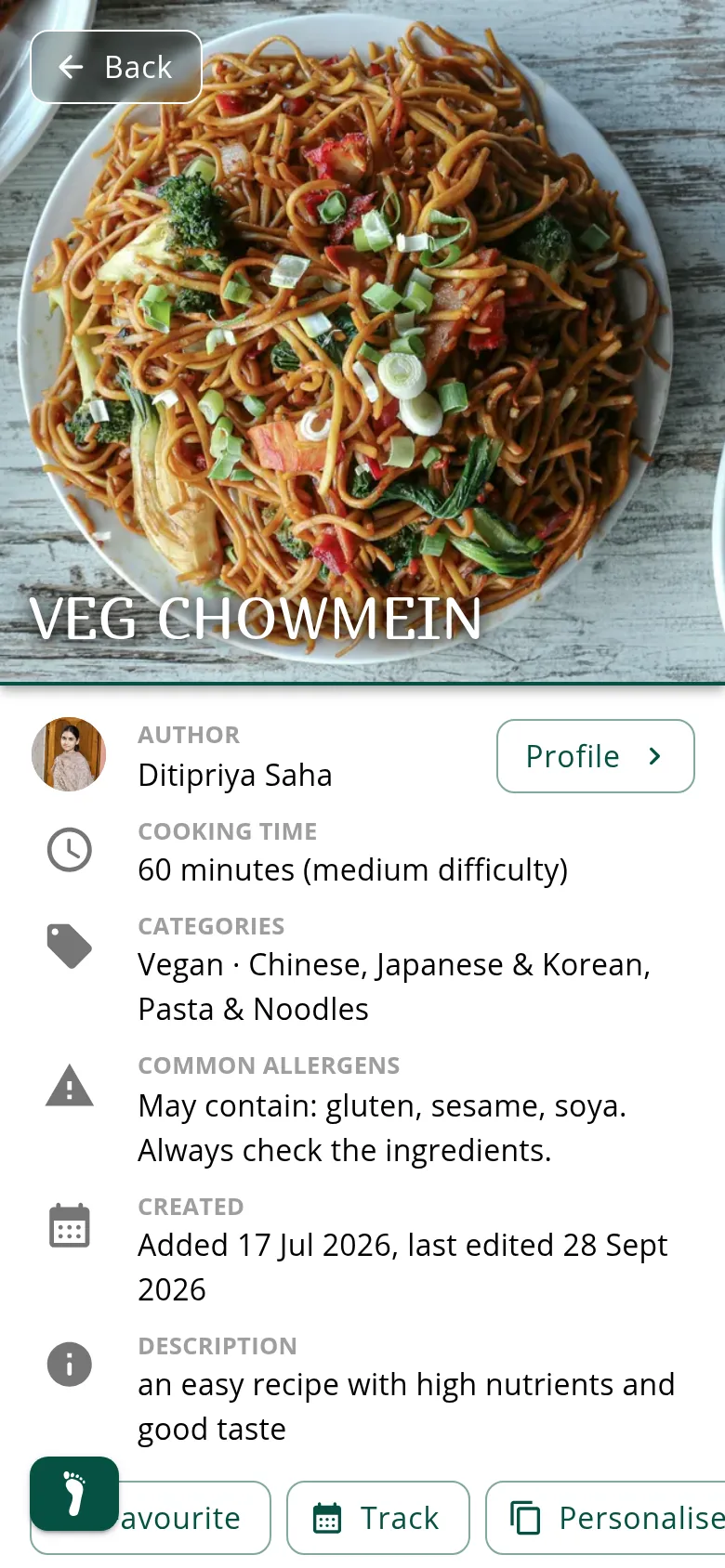 Ditipriya Saha's Veg Chowmein in Ecobite, with its photo, cooking time, categories and allergens