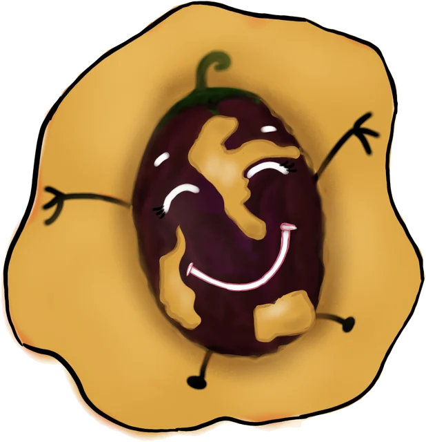 The same aubergine fried golden on a plate, smiling, its arms in the air