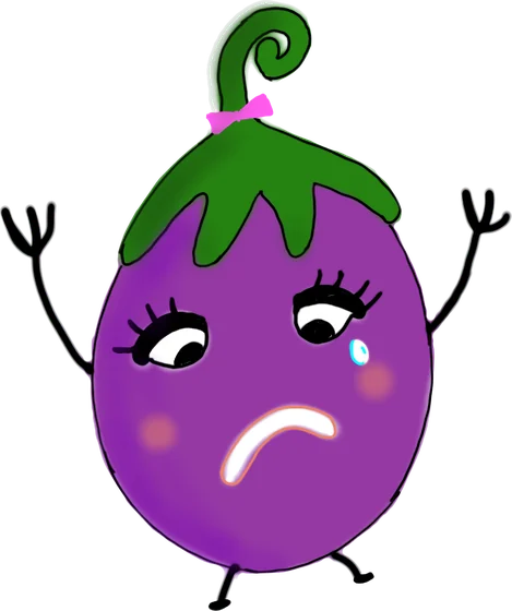 A drawing of a raw aubergine, sad, with a tear on its cheek
